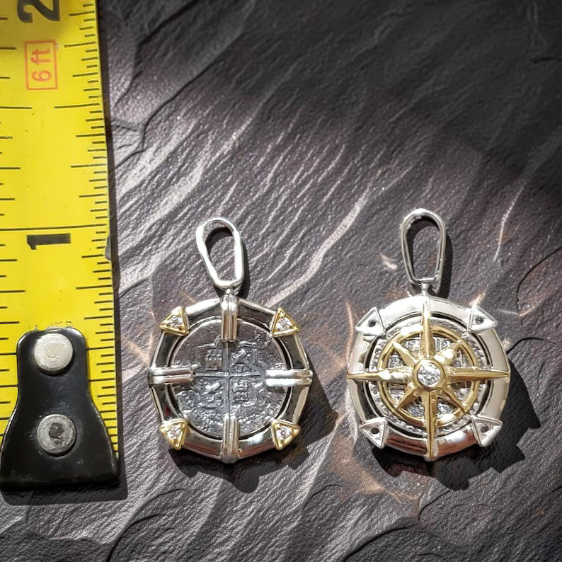 Atocha Compass Reversible Pendant 14k Gold Overlay White Topaz Certificate