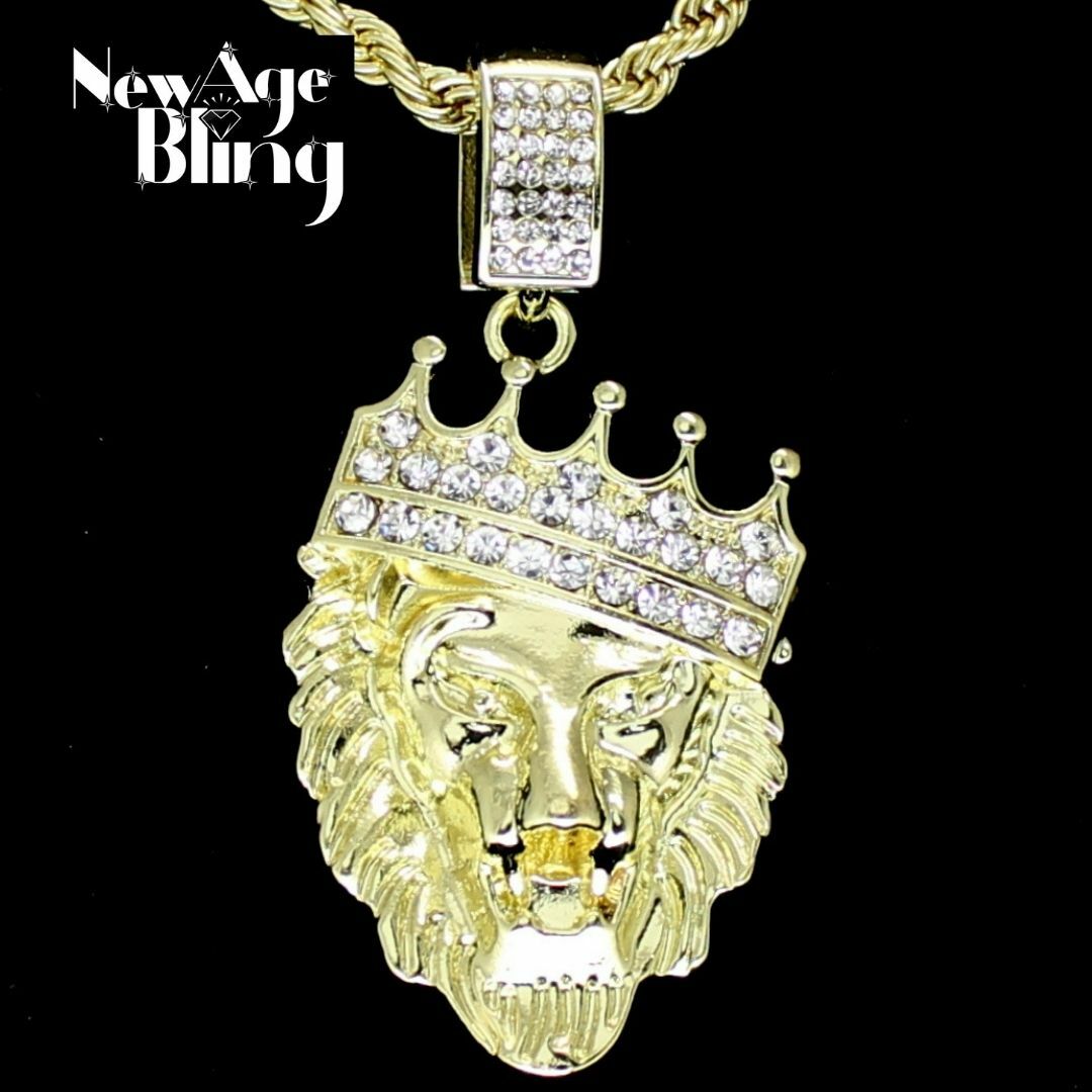 Mighty Lion Iced Crown Cz Pendant 24″ Chain 14k Gold Plated Hip Hop Jewelry