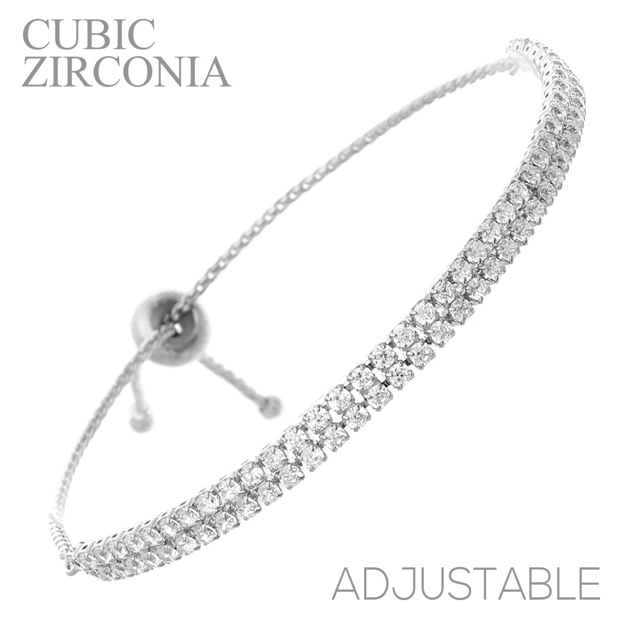 Cubic Zirconia Two Row Slider Bracelet, Rhodium or Gold Plated (7-9in)