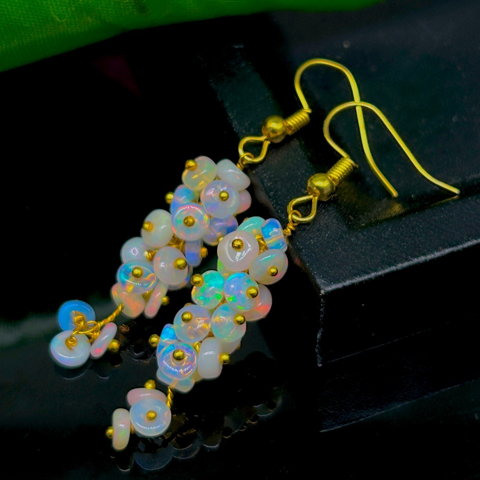 Ethiopian White Opal Gemstone Beads Cluster Earring, Multifire Opal Beaded Gold