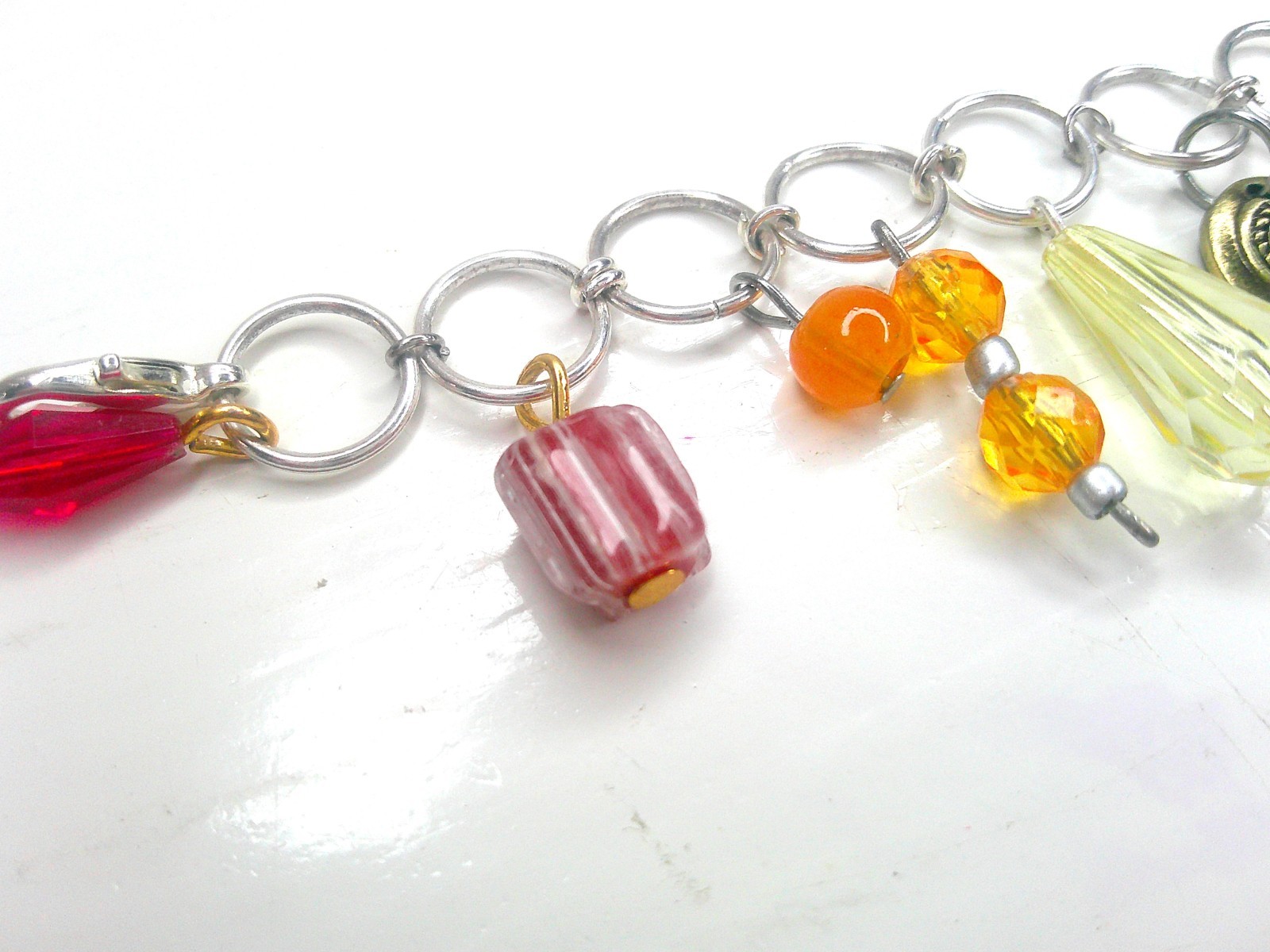 Charm Bracelet Unique Silver tone Upcycled Acrylic Beaded Colorful Petite 6.5 in