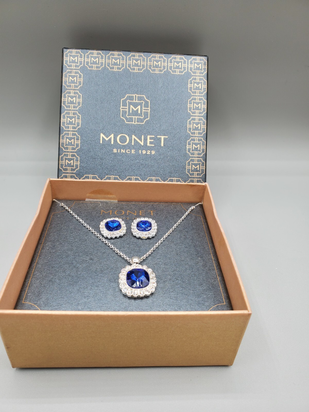 Monet Women’s Sliver And Blue Tone Stud Earrings/ Square Pendant Necklace B#11