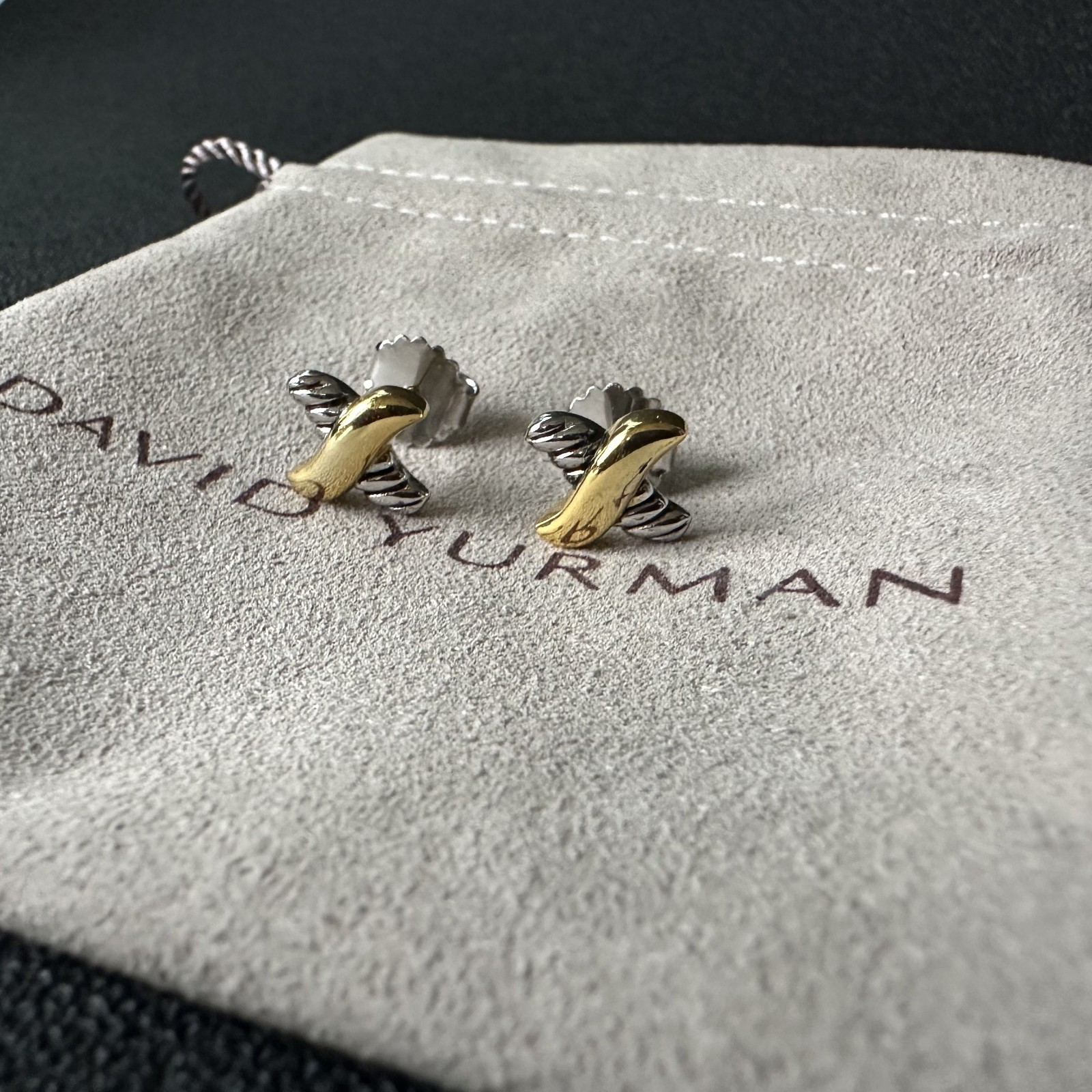 David Yurman Crossover X Stud Earrings 925Silver 18K Gold Two Tone Twisted Cable
