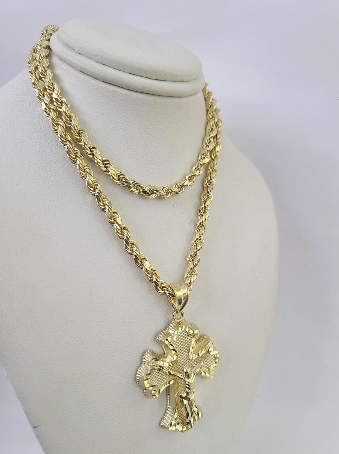 REAL 10k Jesus Crucifix Cross Charm Rope Chain Pendant 4mm Necklace Set 18″-28″