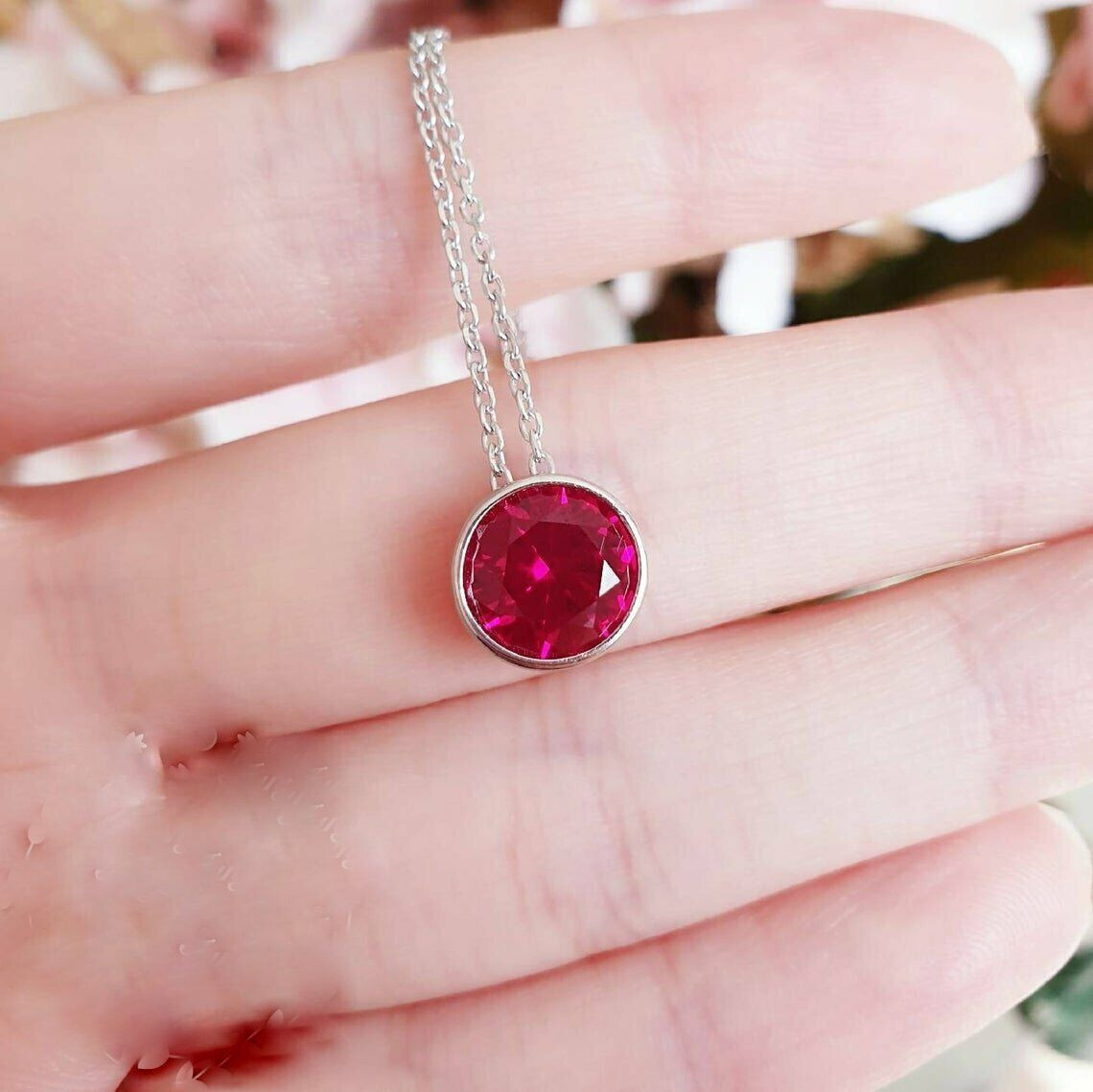 2 CT Solitaire Pink Ruby Bezel Set Pendant With Free Chain 14K White Gold FN
