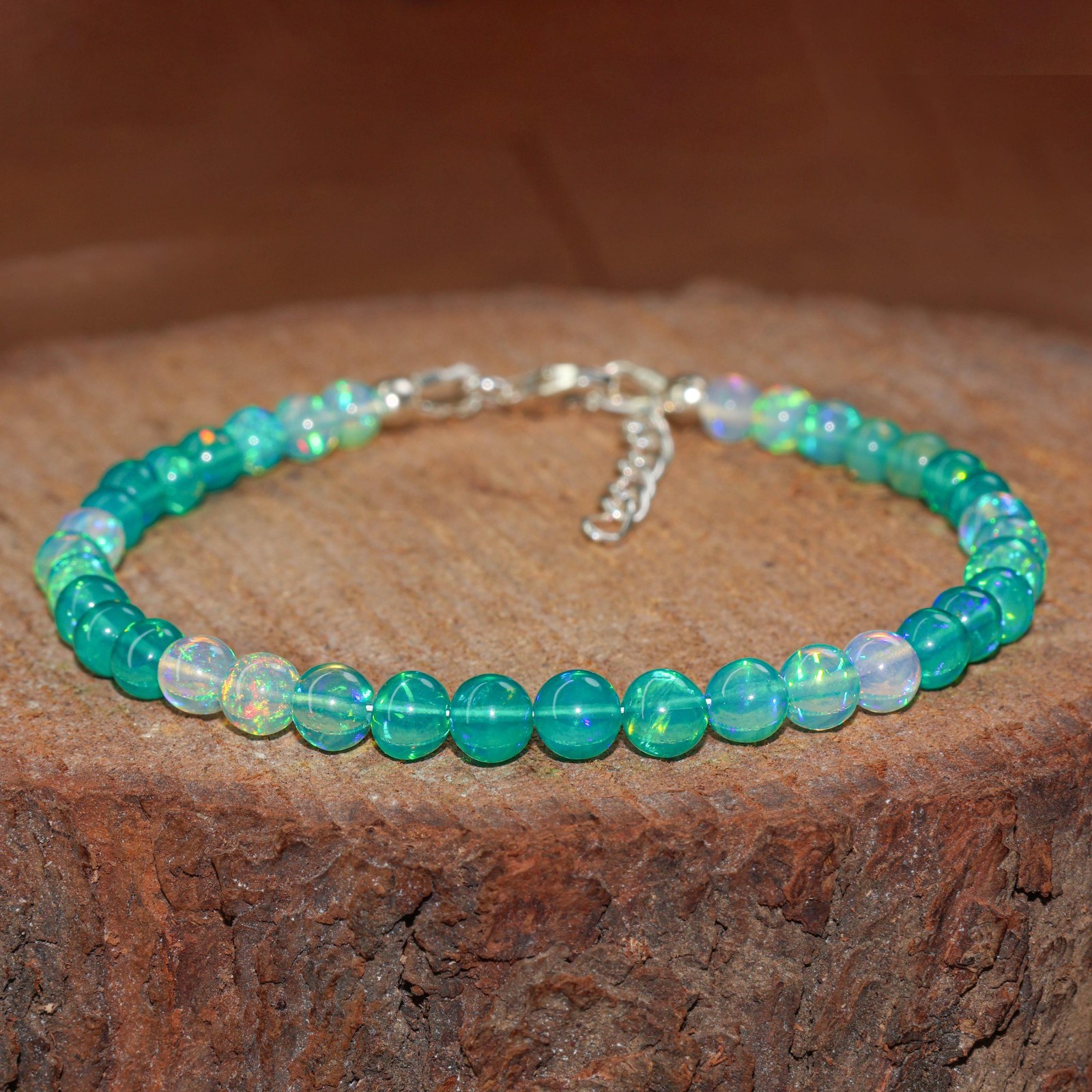 Shaded Green Opal Gemstone Round Beads Bracelet, Ethiopian Fire Opal Bracelet