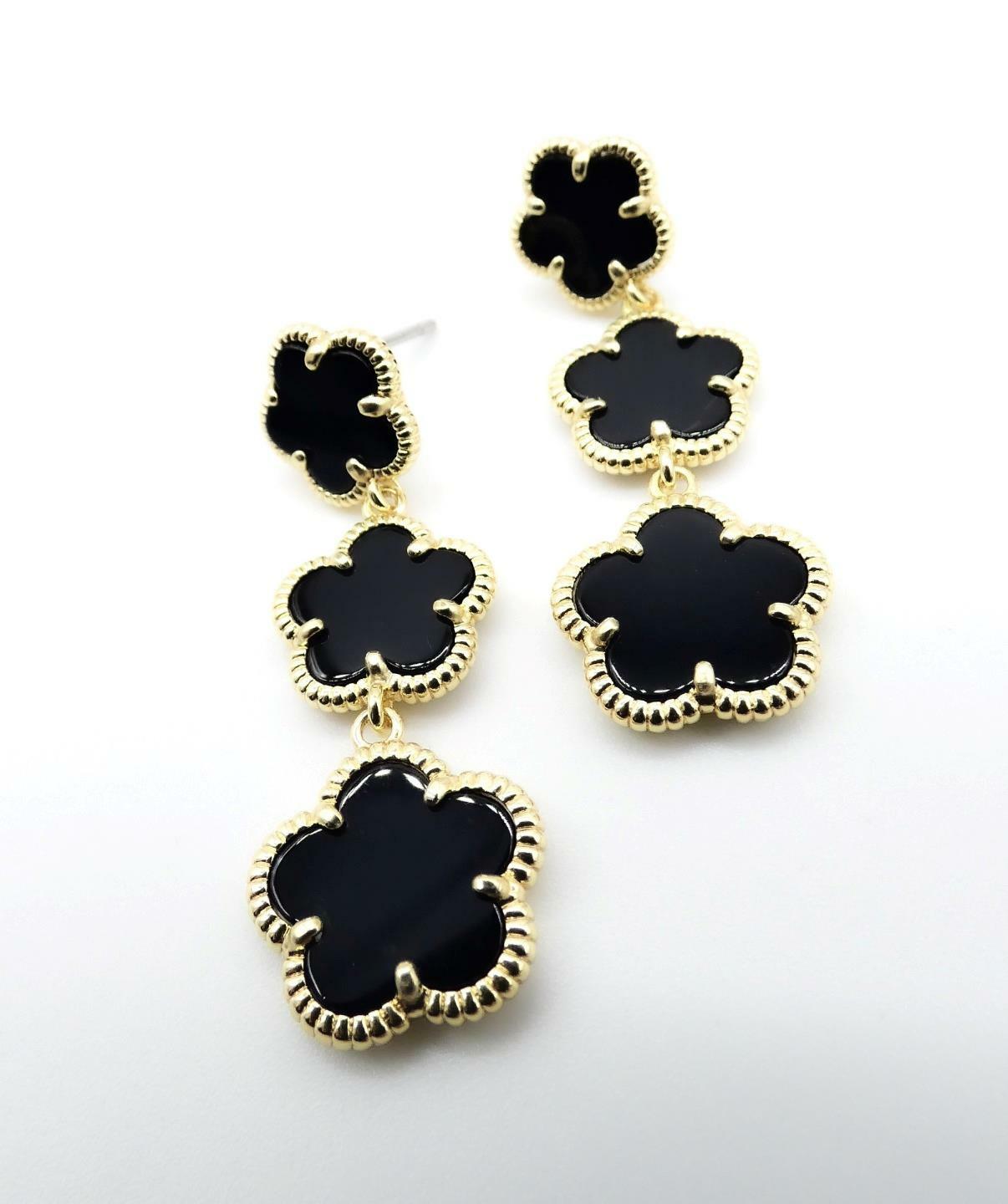 EXQUISITE Lightweight 18kt Gold Plated Triple Black Onyx 5 Petal Flower Earrings