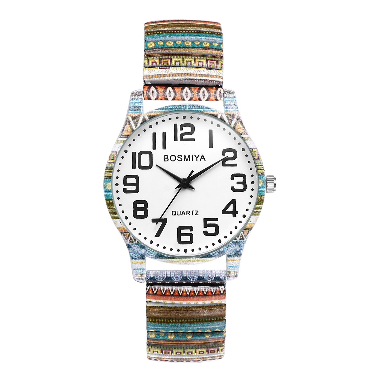 Womens Girls Boho Printed Elastic Band Big Numbers Round Dial Analog Wrist Watch