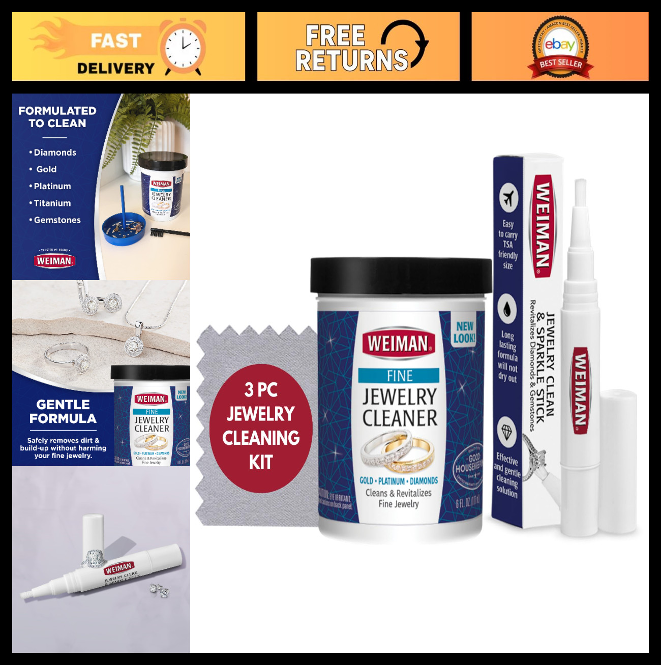 Jewelry Cleaner Kit 3PC Set – Liquid, Cleaning Stick & Polishing Cloth for Diamo