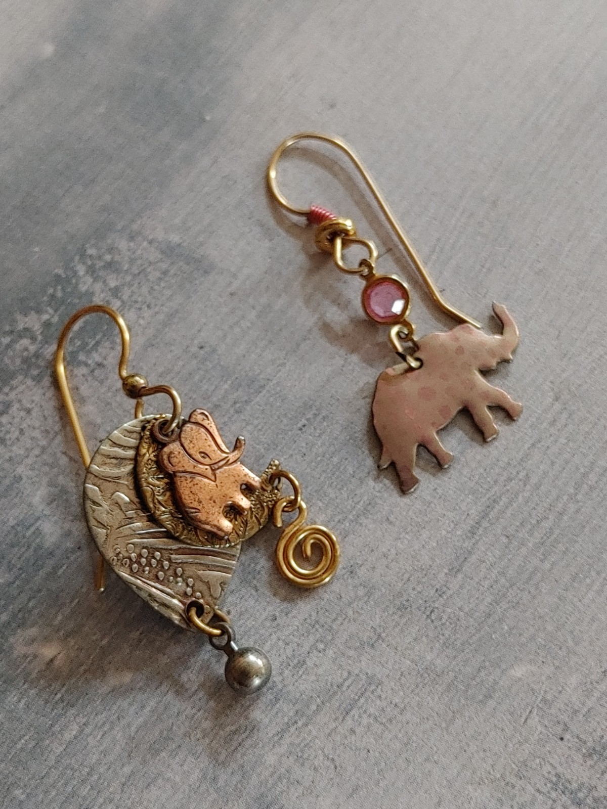 Vintage earrings mixed metals not matching elephant crescent moon