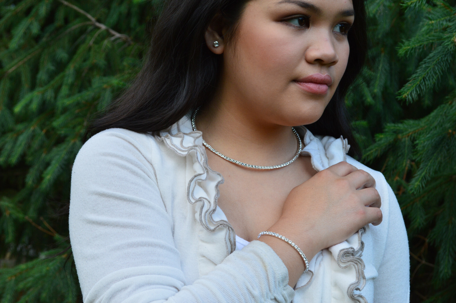 Jewelry Set Swarovski Elements Single Rows Clear Crystals Necklace Bracelet Stud