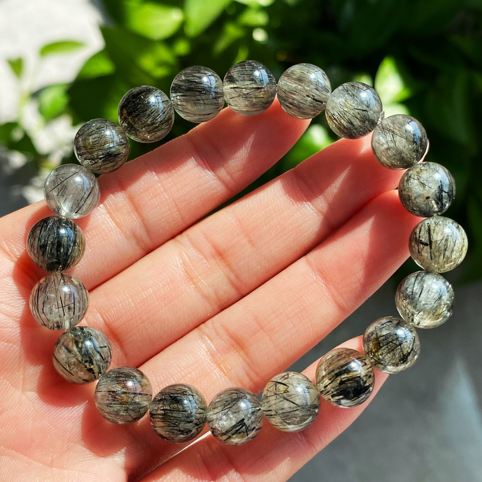 9mm Natural Black Rutilated Quartz Crystal Beads Bracelet 2342