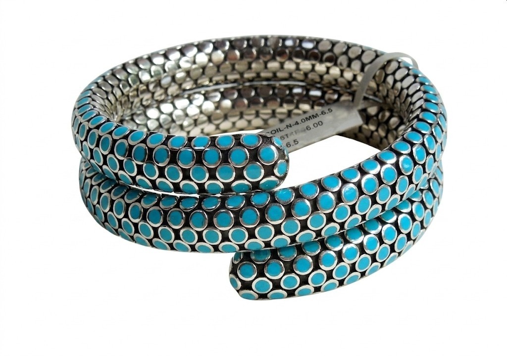 John Hardy Dot Turquoise Enamel Silver 28.5mm Coil Bracelet 99 grams $1,795 NWT