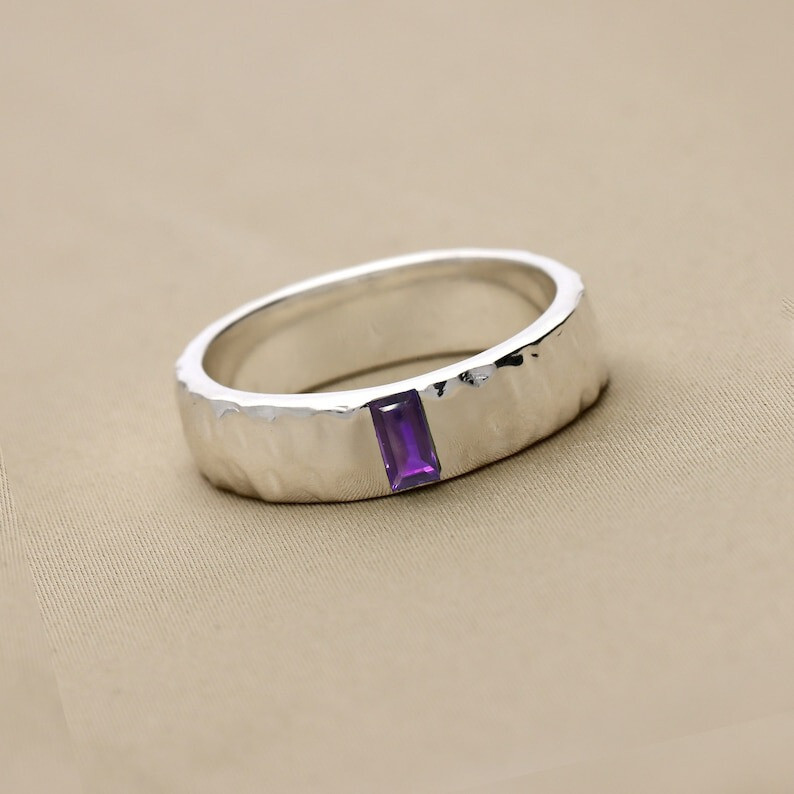 Solid 925 Sterling Silver Hammered Band Ring Amethyst Mens Ring Gift Him