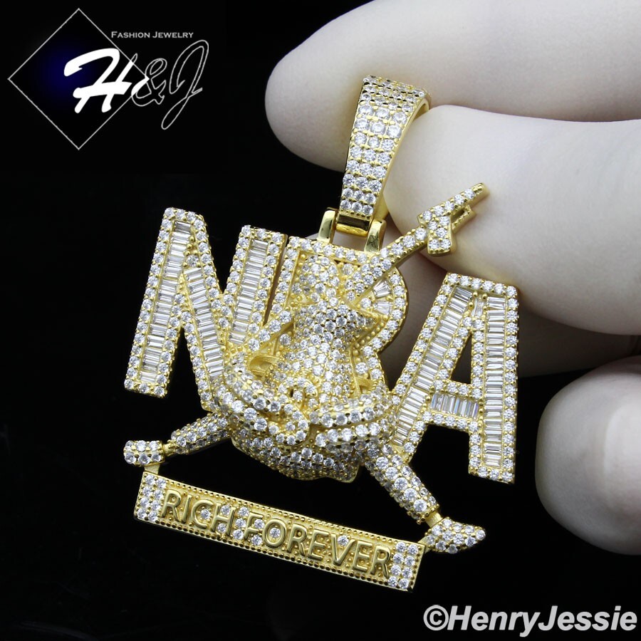 925 STERLING SILVER BLING CZ 3D HIPHOP GOLD PLATED RICH FOREVER PENDANT*GP529