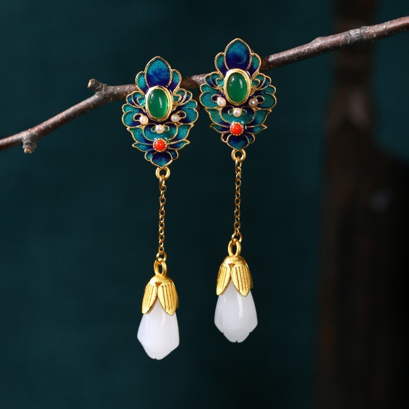 Jade Drop Dangle Earrings Bohemian Cloisonne Gemstone 18K White Gold Plated