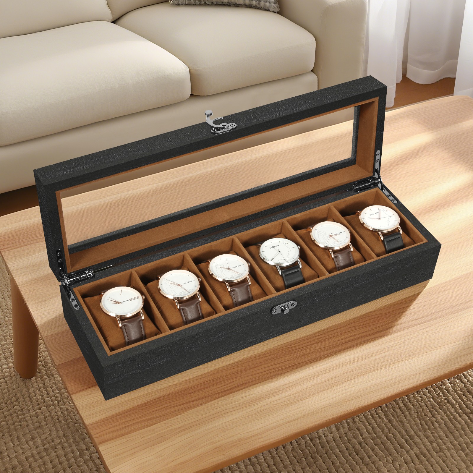 6 Slots Watch Box Solid Wood Watch Case with Clear Top Storage Display Case Gift