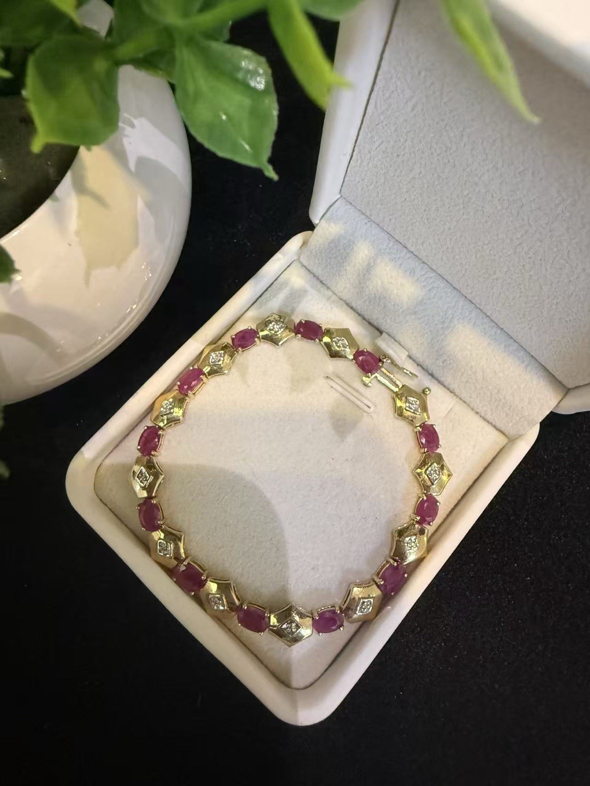 14K Gold Link Bracelet Natural Ruby with Accent Diamonds Fine Jewelry