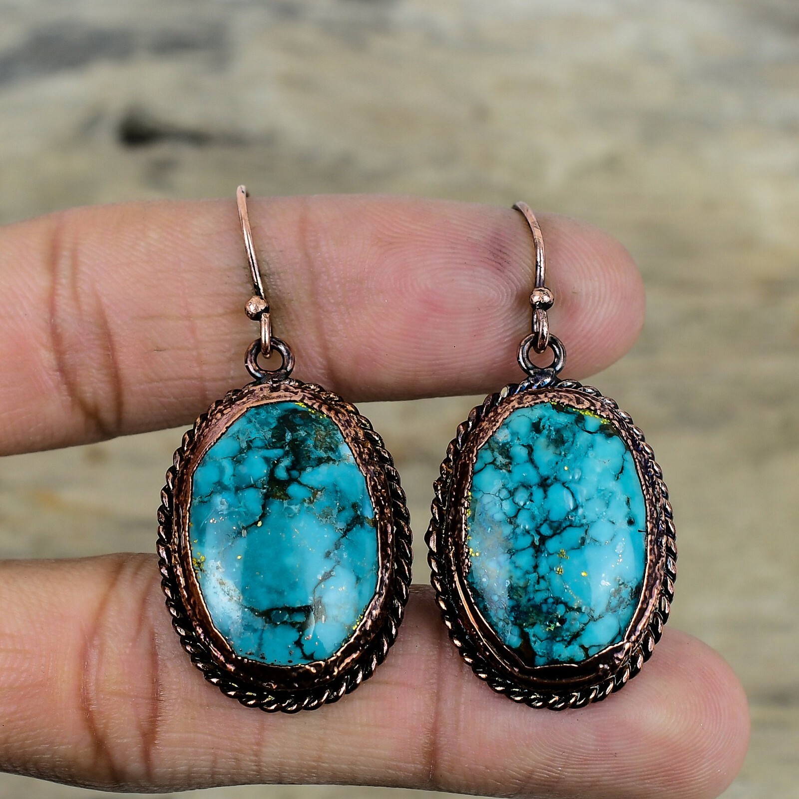 Tibetan Turquoise Electroformed Earrings Handcrafted Copper Designer 1.97″