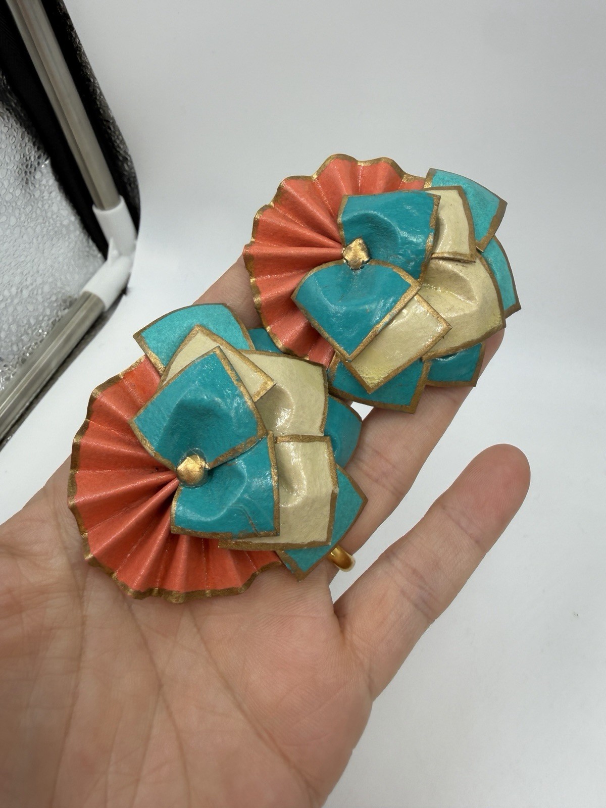 Vintage Earrings Paper Statement Large 80s Lightweight Blue Peach Fan Pierced