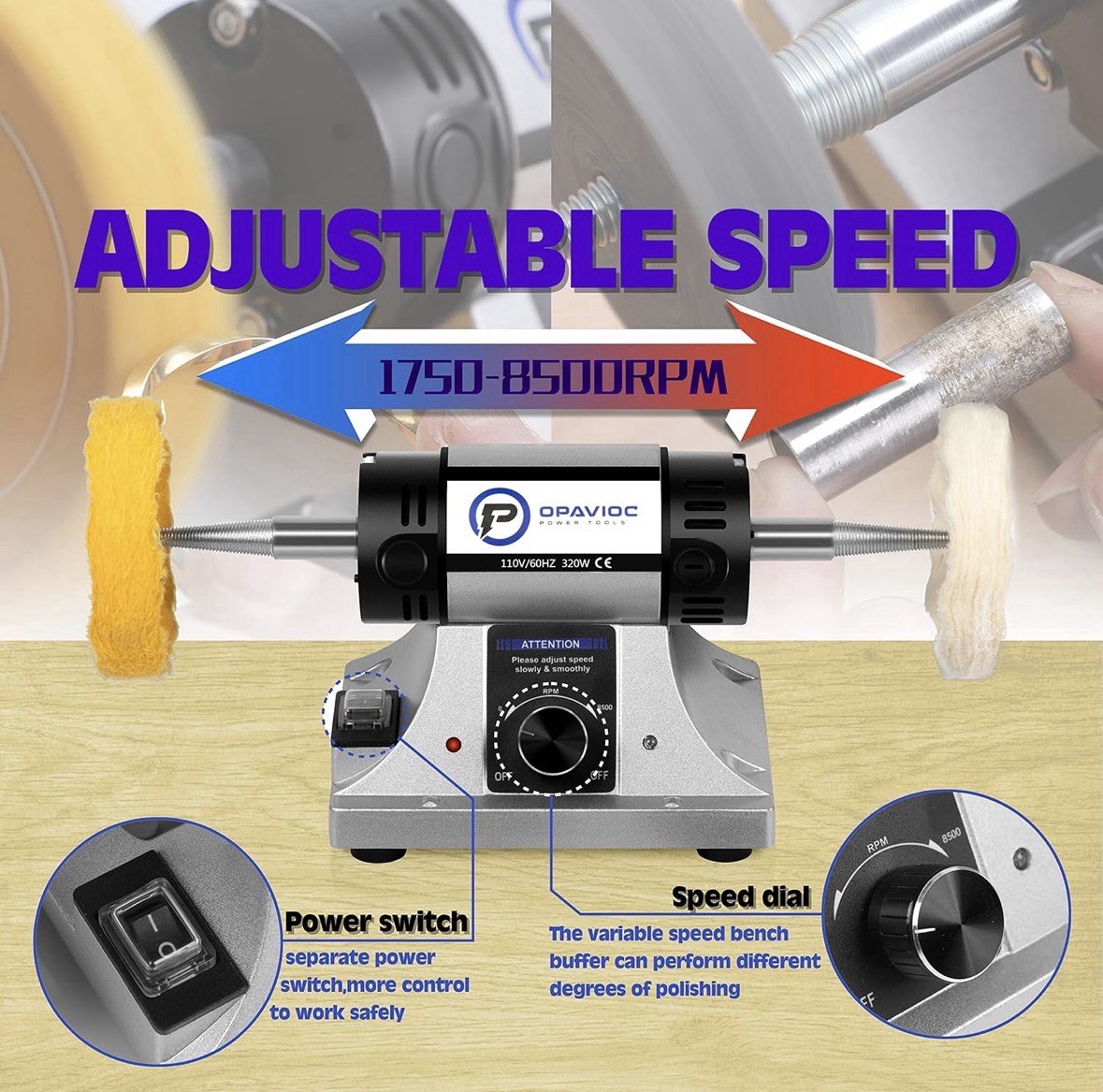 Variable Speed Bench, Buffer Jewelry Polishing Machine Kit ,Opavioc Model-SY320