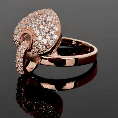 14K Rose Gold Plated Dangle Heart Charm Ring Made Simulated Diamond Adjustable