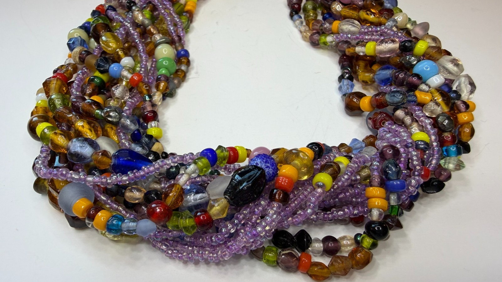 Multi Strand Bead Necklace Colorful Assorted Glass Beads Boho Chunky 18″