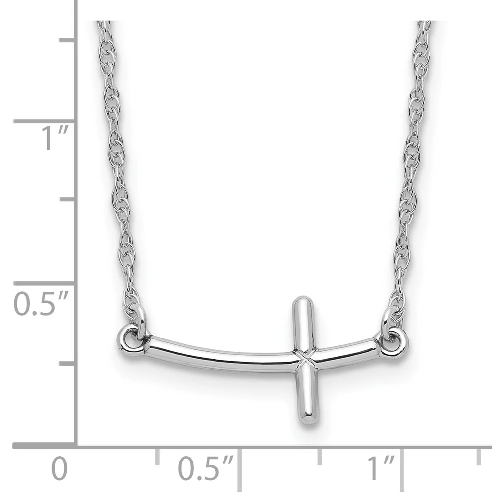 Sterling Silver Rhodium-Plated Small Sideways Curved Cross Necklace