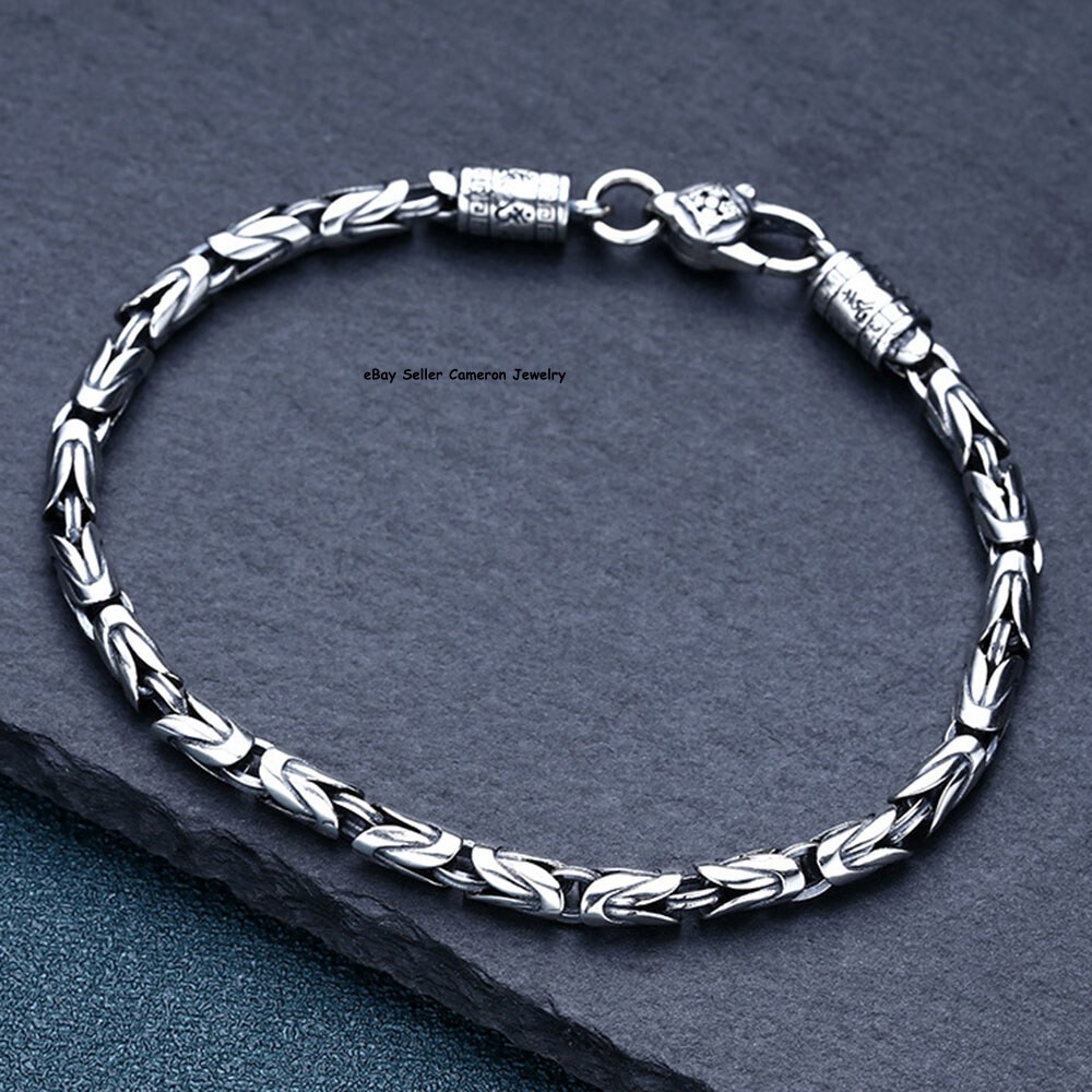 Pure S925 Sterling Silver Chain Solid 4mm Byzantine Link Bracelet 7.1-7.9inch
