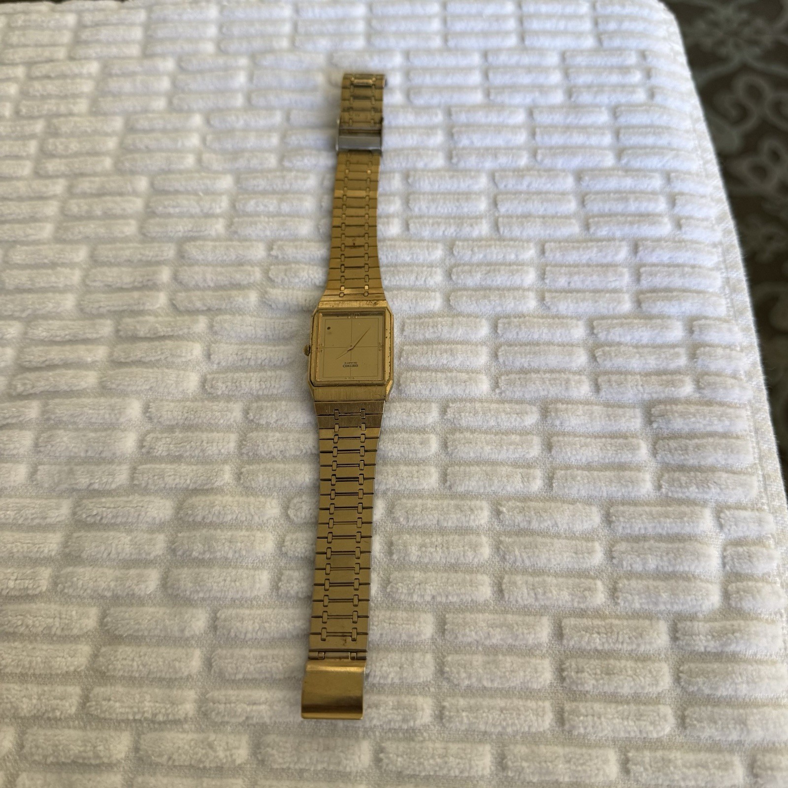 Seiko Quartz Rectangular Dress Watch Gold Dial Stick, Gold/Silver Bracelet