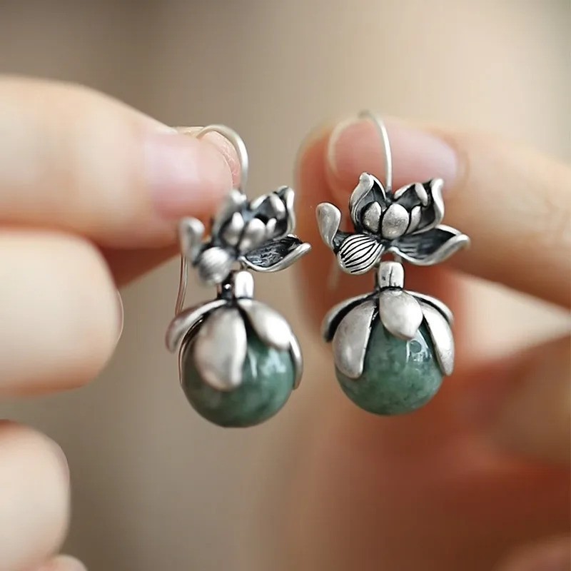 Vintage Sterling Silver Lotus Flower Drop Earrings Green Jade Stone Dangle Boho