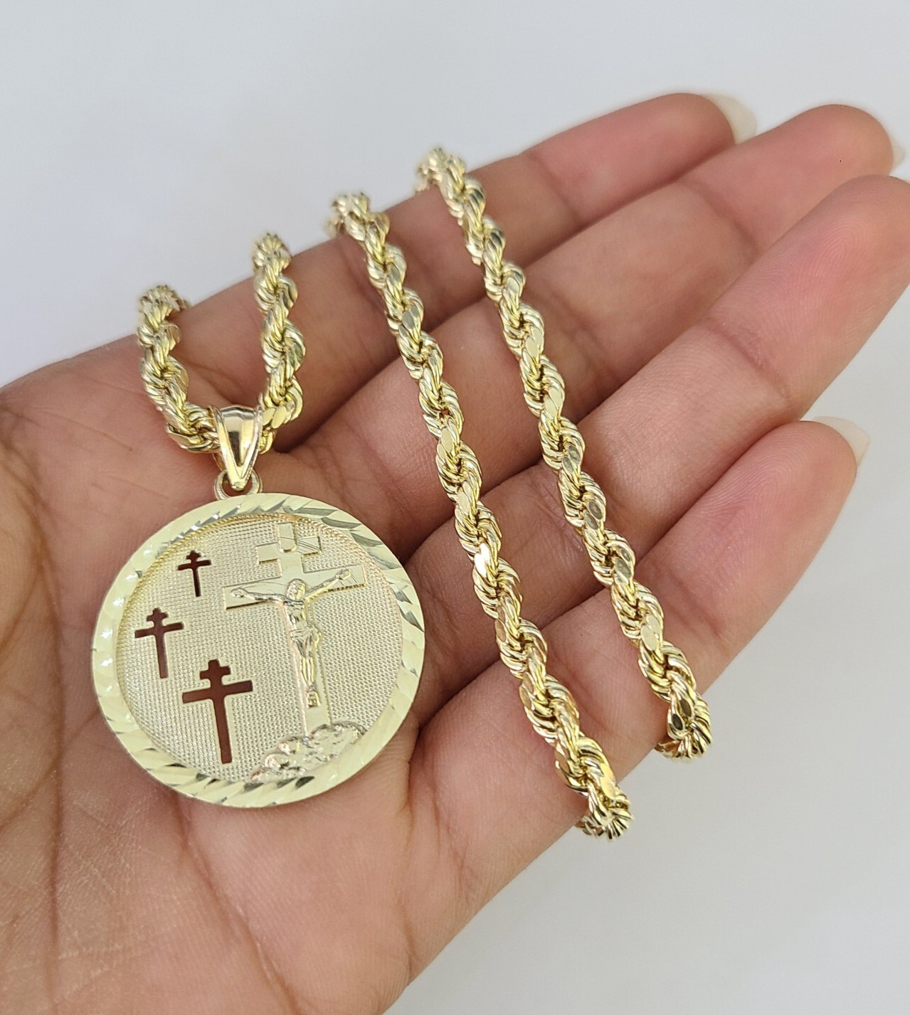 REAL 10k Jesus Medallion Cross Charm Rope Chain Pendant 4mm Necklace Set 18″-28″