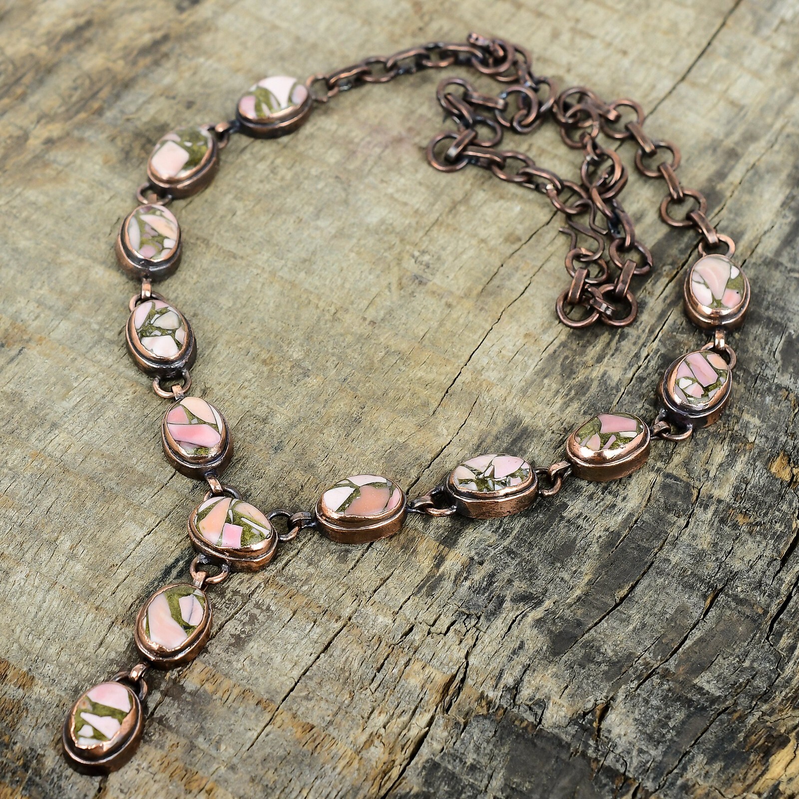 Oval Copper Pink Opal Gemstone Chain Electroformed Wife Necklace Jewelry Copper
