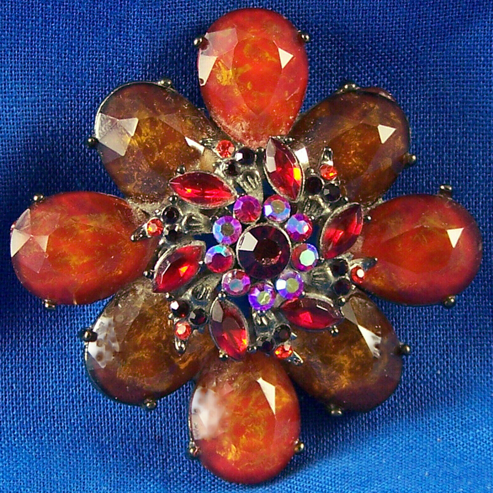 Flower Pin Cluster Rhinestone Brown Orange Red Aurora Borealis BronzeTone Brooch