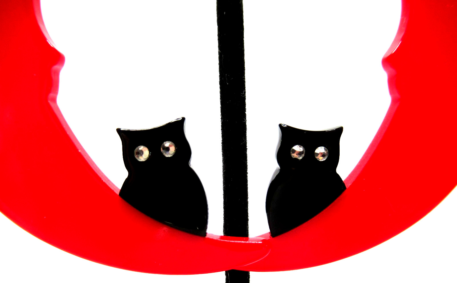 FRENCH Red & Black Lucite Kitty Cat in The Moon Clip Earrings