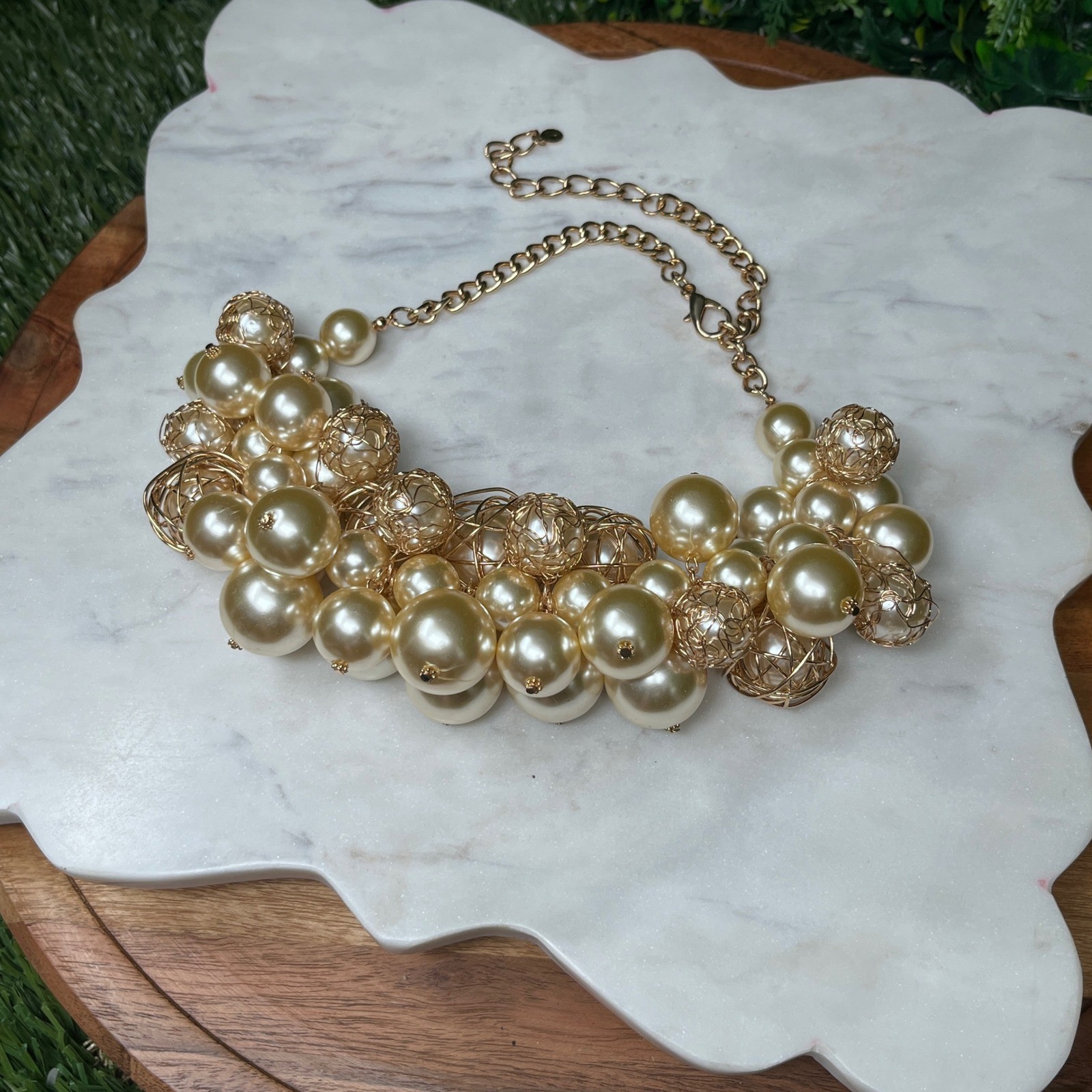 Statement Bib Necklace Gold Tone Champagne Faux Pearl Cluster Wire Cage 3979