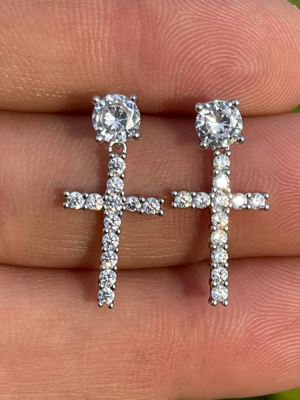 Real 925 Sterling Silver Men’s Ladies Dangle Cross Studs Earrings Iced CZ
