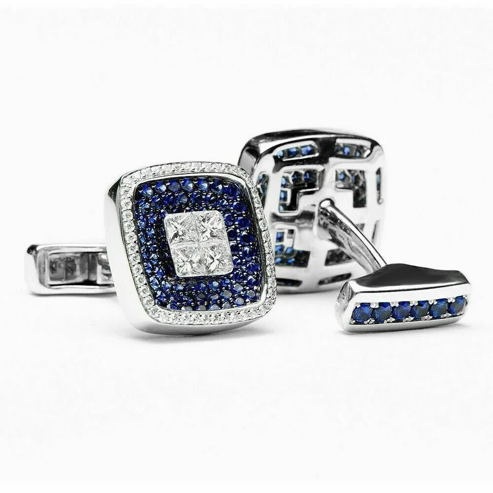 3CT ROUND CUT SAPPHIRE LAB-CREATED MEN’S WEDDING CUFFLINK 14K WHITE GOLD PLATED