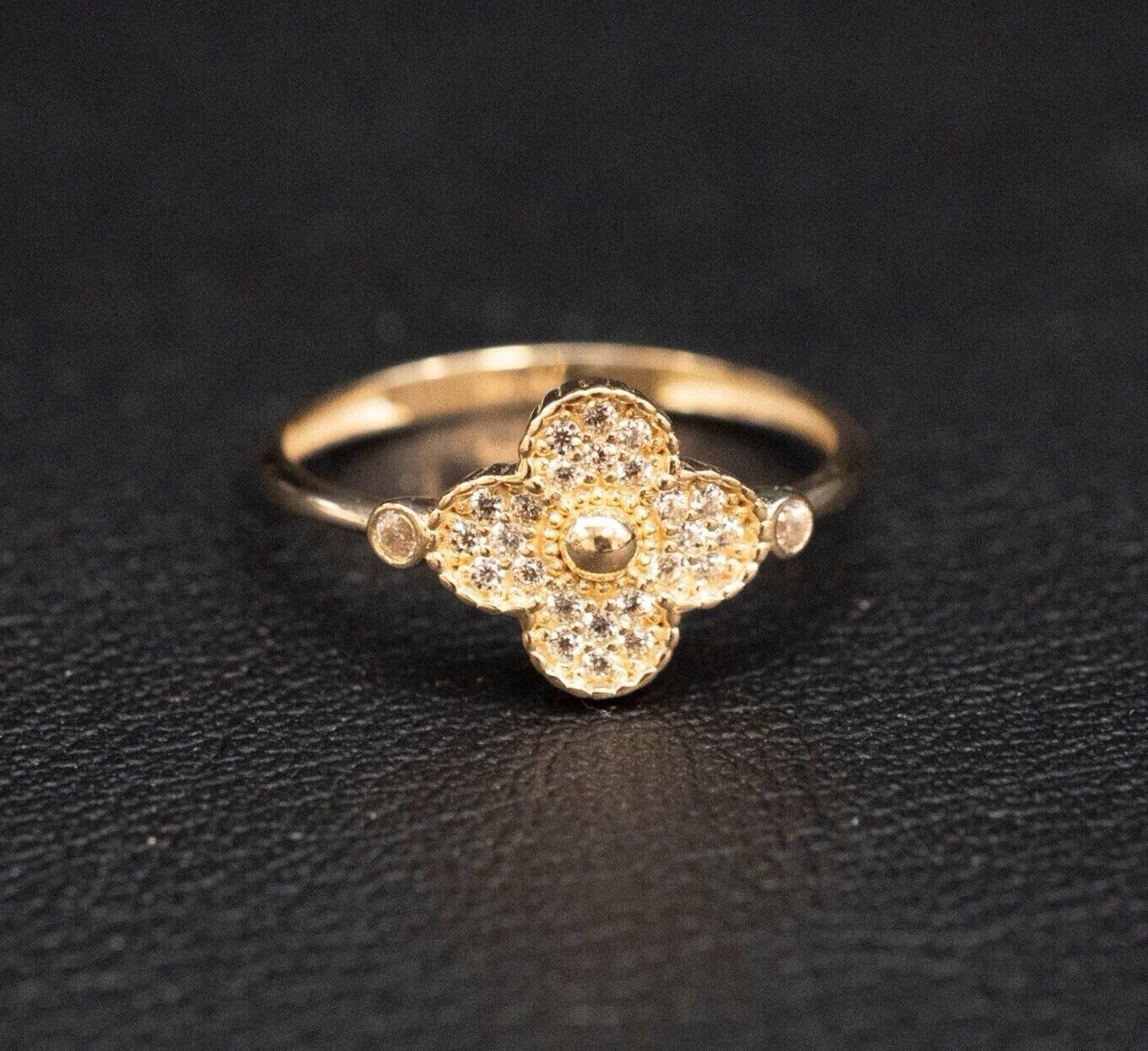 14k Real Solid Yellow Gold Clover Ring, 14k Solid Gold Women Clover Dainty Ring