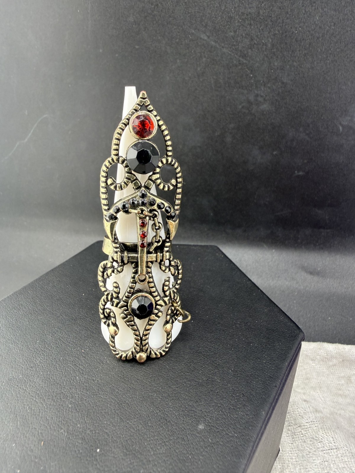 Steampunk Costume Ring Cosplay Red Black Rhinestone Adjustable Goth Gold Tone 7″