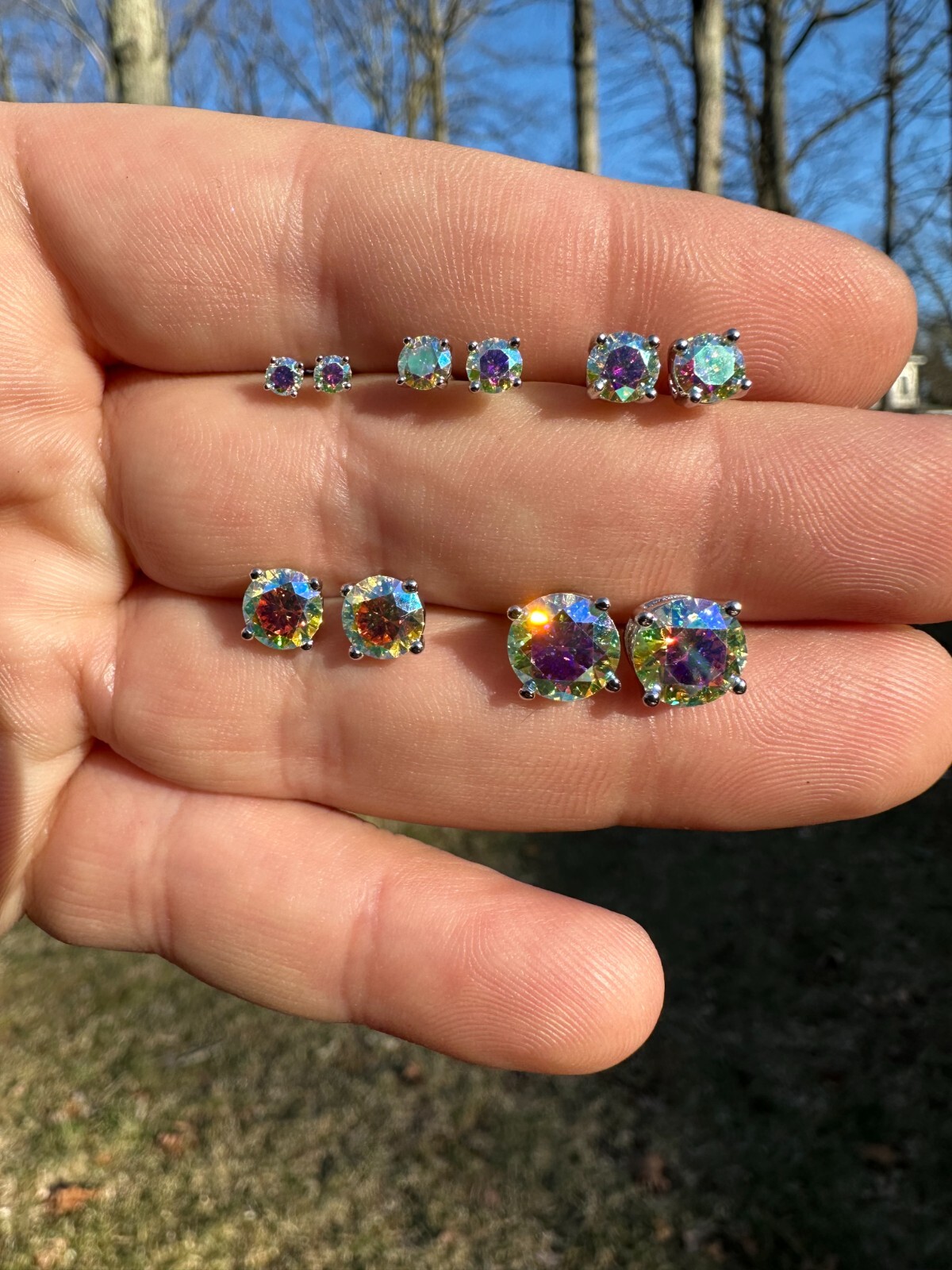 Rainbow Opal Moissanite Screwback Stud Earrings 925 Silver 3-8mm Passes Tester