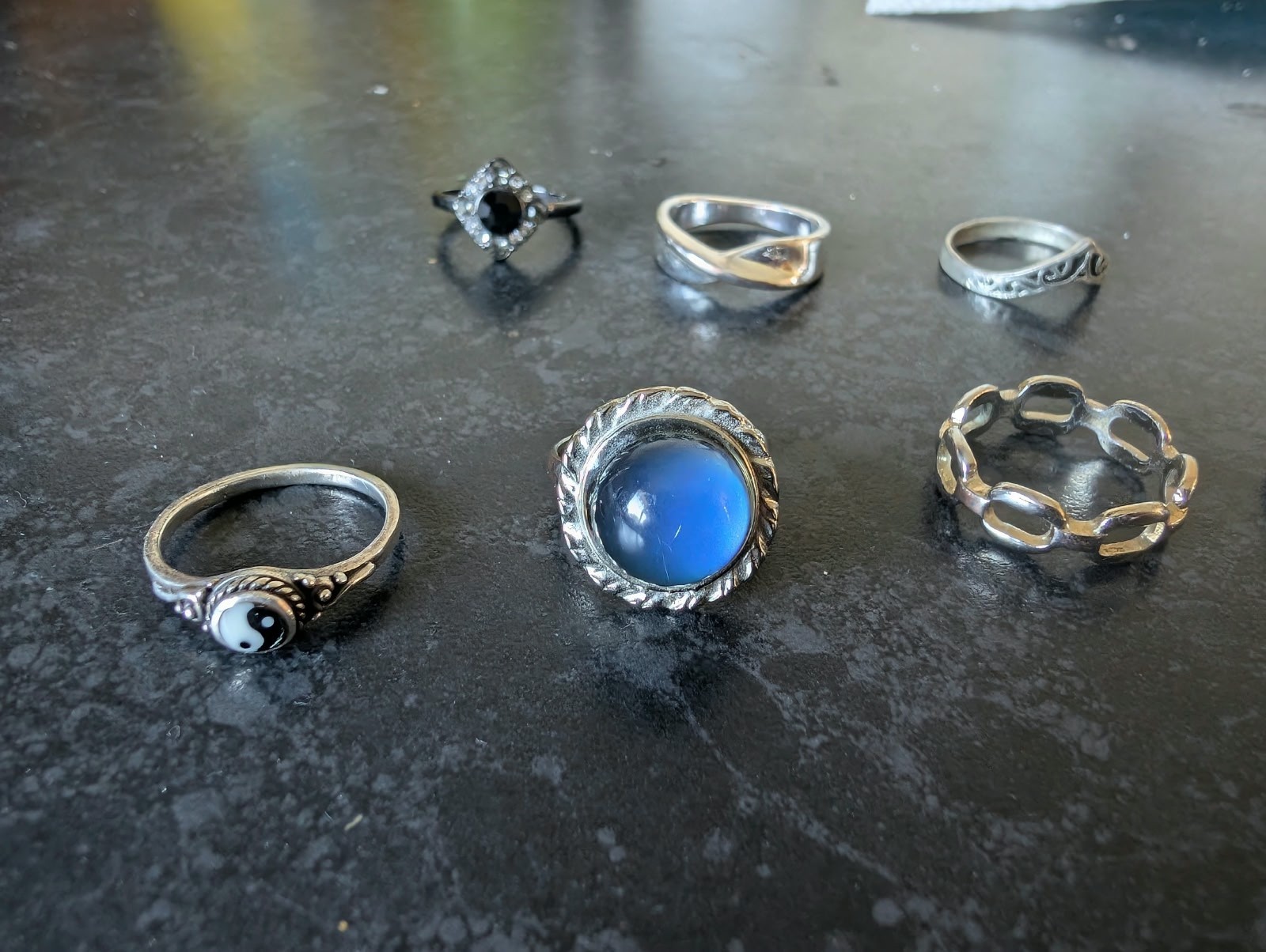 Lot 7 Silver Tone Rings Yin Yang Mood Ring Gothic Boho Stackable Sizes 6-9