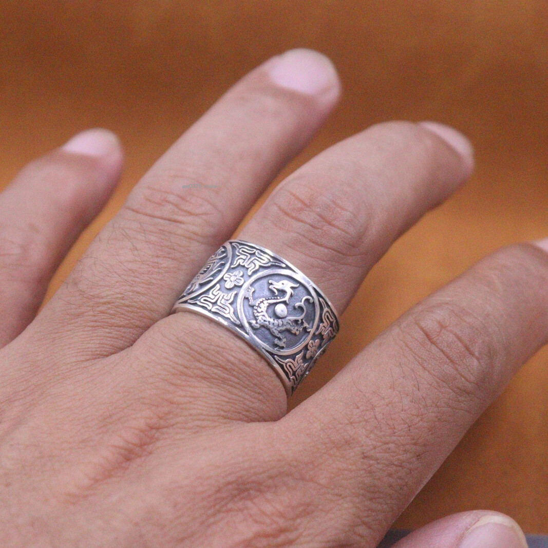 Real 999 Pure Silver Ring Men Chinese Four Great Divine Beasts Band Ring US 10
