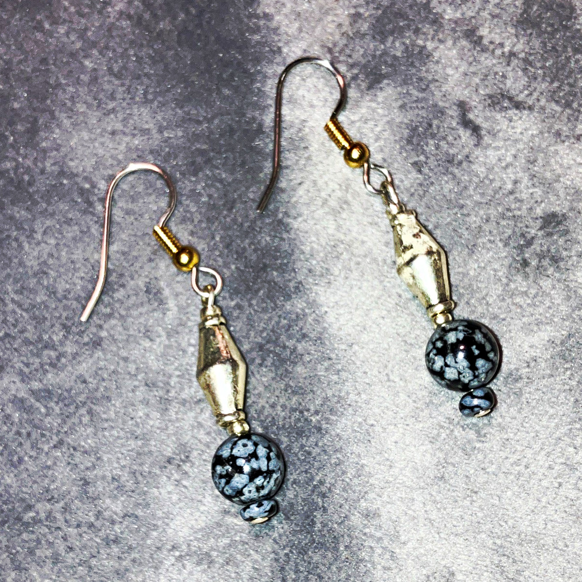 Silver Tone Beaded Dangle Drop Hook Earrings Black Gray Round Bead Stone