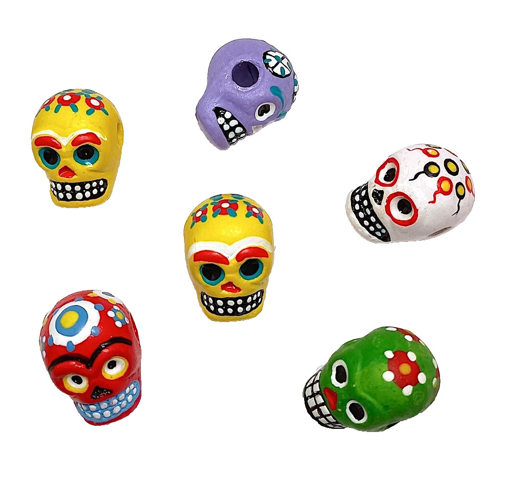 Skull Beads, 6 Pc Set, Asst, Ceramic, Hand Made & Painted, Peru, 17 mm, LG Holes