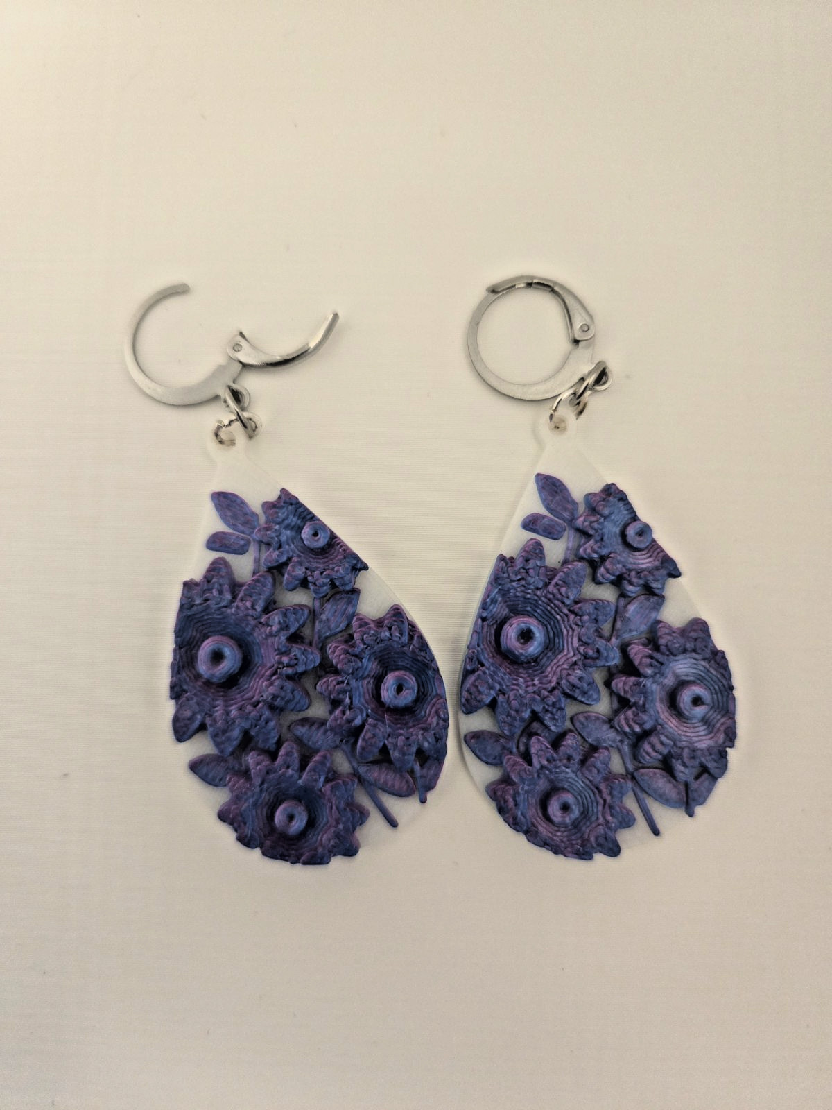 Purple Flower Earrings 3D Print Stainless Steel Lever Back Tear Drop Dangle