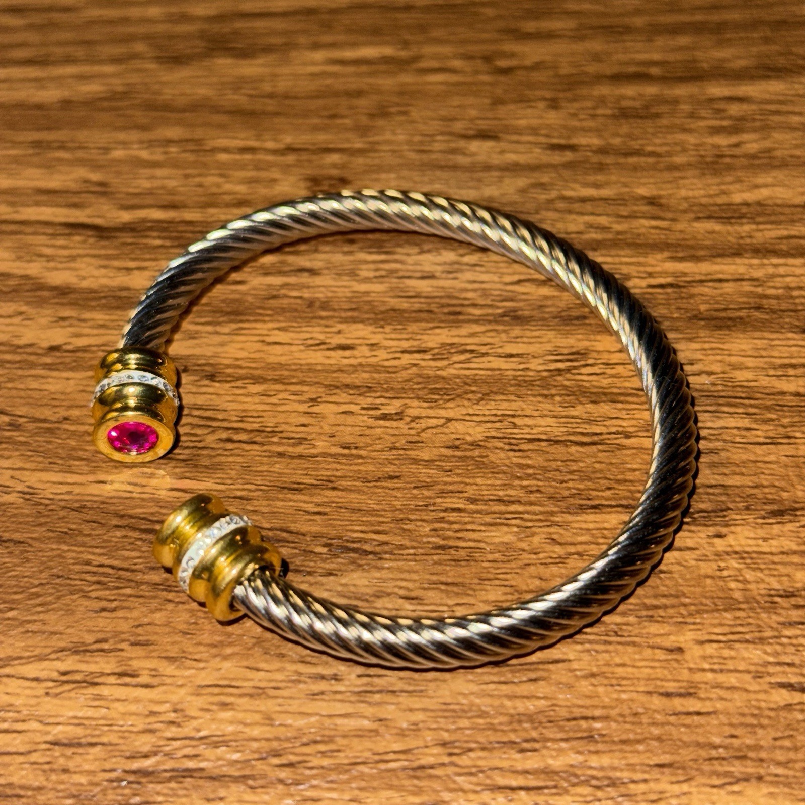 Silver Tone Rope Cable Cuff Bangle Bracelet | Gold Tone Ends Pink Crystals