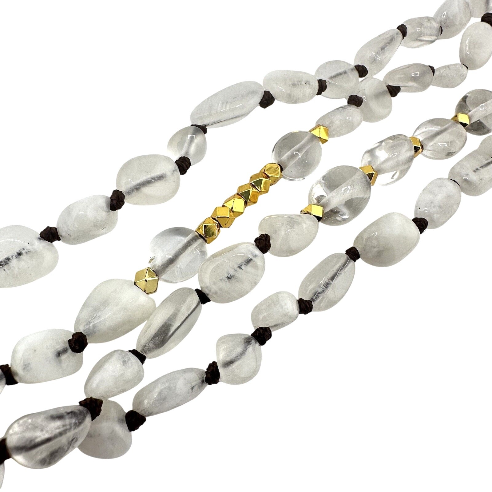 Moonstone Quartz Polished Bead Hand Knotted Gold Tone Endless 30” Necklace