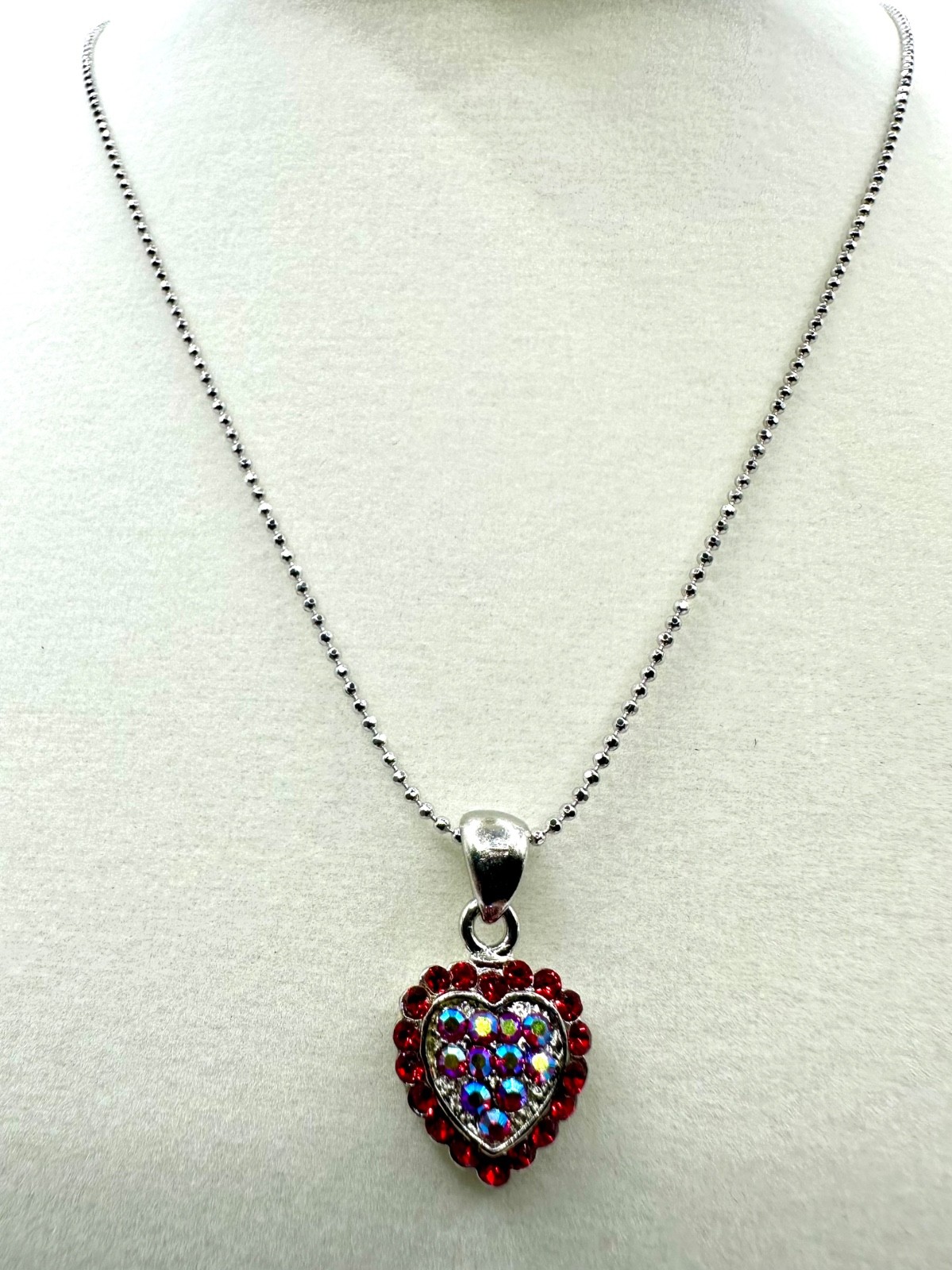 Cookie Lee Silver Tone Red Heart Aurora Borealis Crystal Pendant Necklace NWT