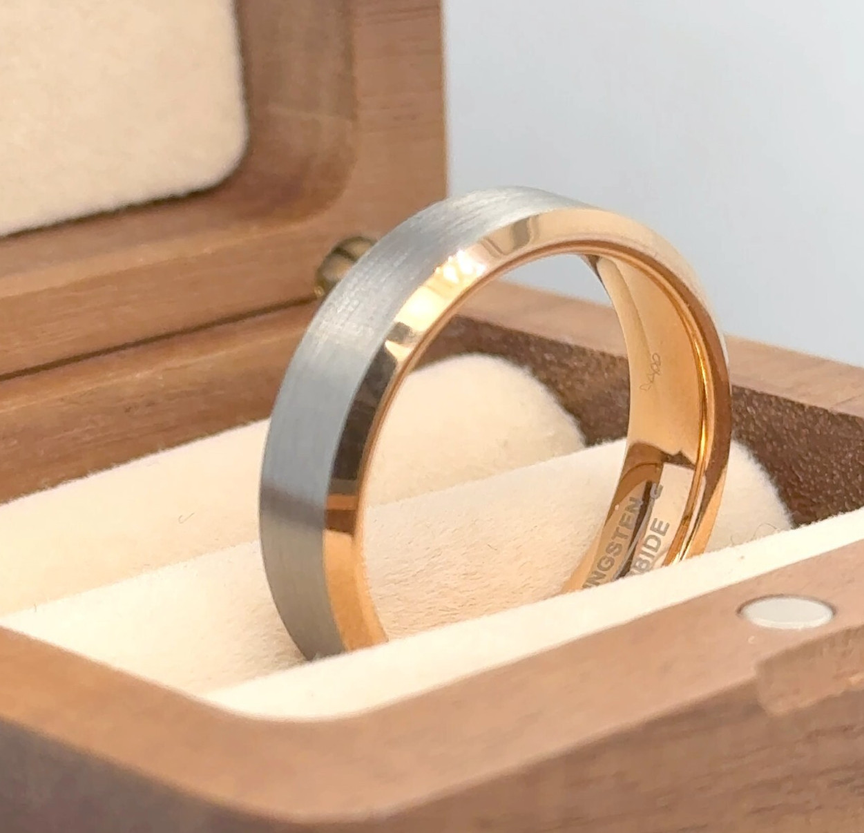 Silver & Rose Gold Tungsten Couple Ring – Elegant Two Tone Engagement Band